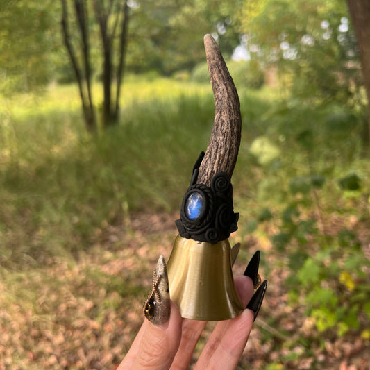 Crystal Altar Bell, Witch Hand Bell, Natural antler Wand Bell, Pagan Ritual Bell, Gothic Crystal Handbell, Handcrafted Witchy Altar Decor