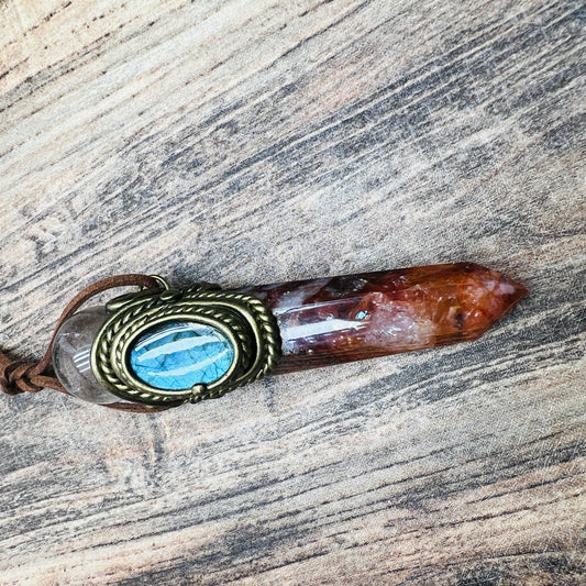 Handmade crystal jewelry Healing Crystal Wand / Protection Amulet Pendant Necklace Fire quartz tower paired with clear quartz spheres and labradorite