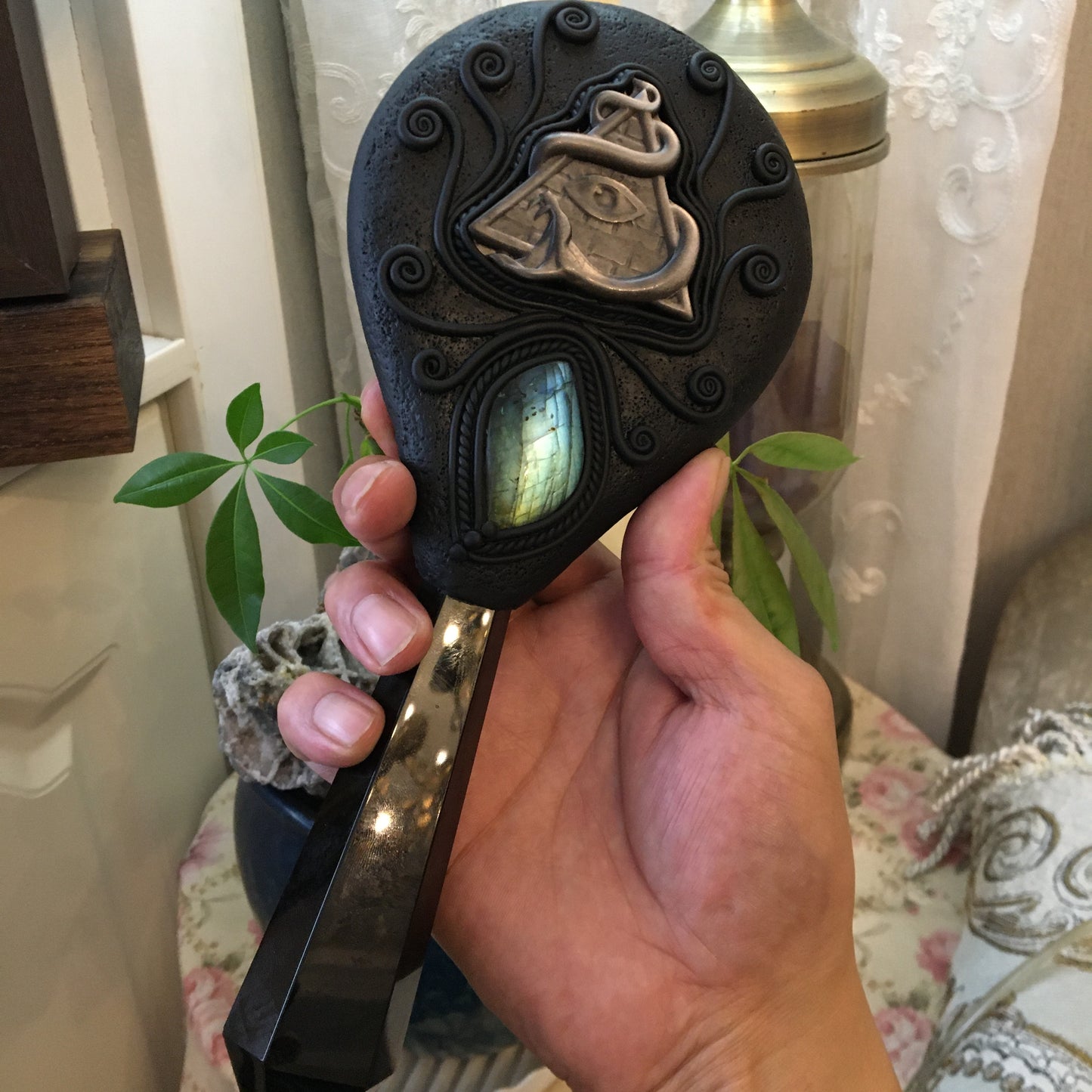 Handmade Natural Black Obsidian Scrying Mirror Wand/Magic Obsidian Witch Wand/Crystal Quartz Wand/Manifest Altar Tool