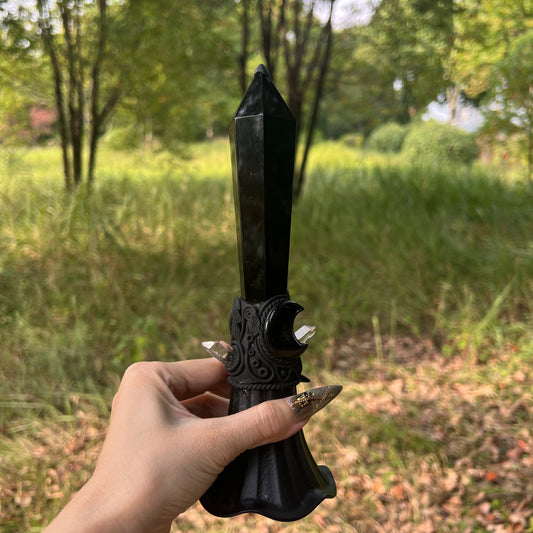 Crystal Altar Bell, Witch Hand Bell, Black obsidian Wand Bell, Pagan Ritual Bell, Gothic Crystal Handbell, Handcrafted Witchy Altar Decor