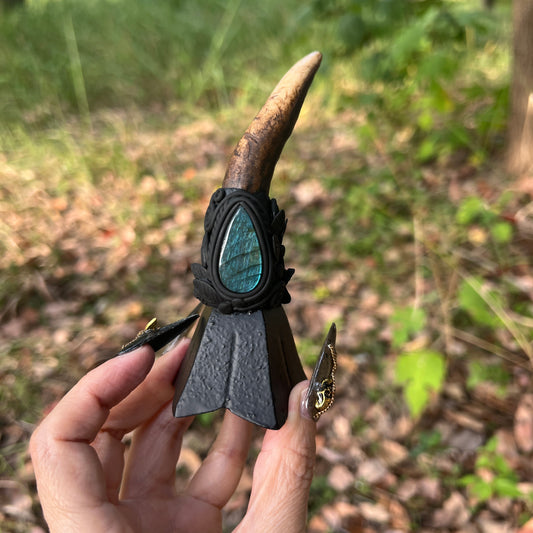 Crystal Altar Bell, Witch Hand Bell, Natural antler Wand Bell, Pagan Ritual Bell, Gothic Crystal Handbell, Handcrafted Witchy Altar Decor