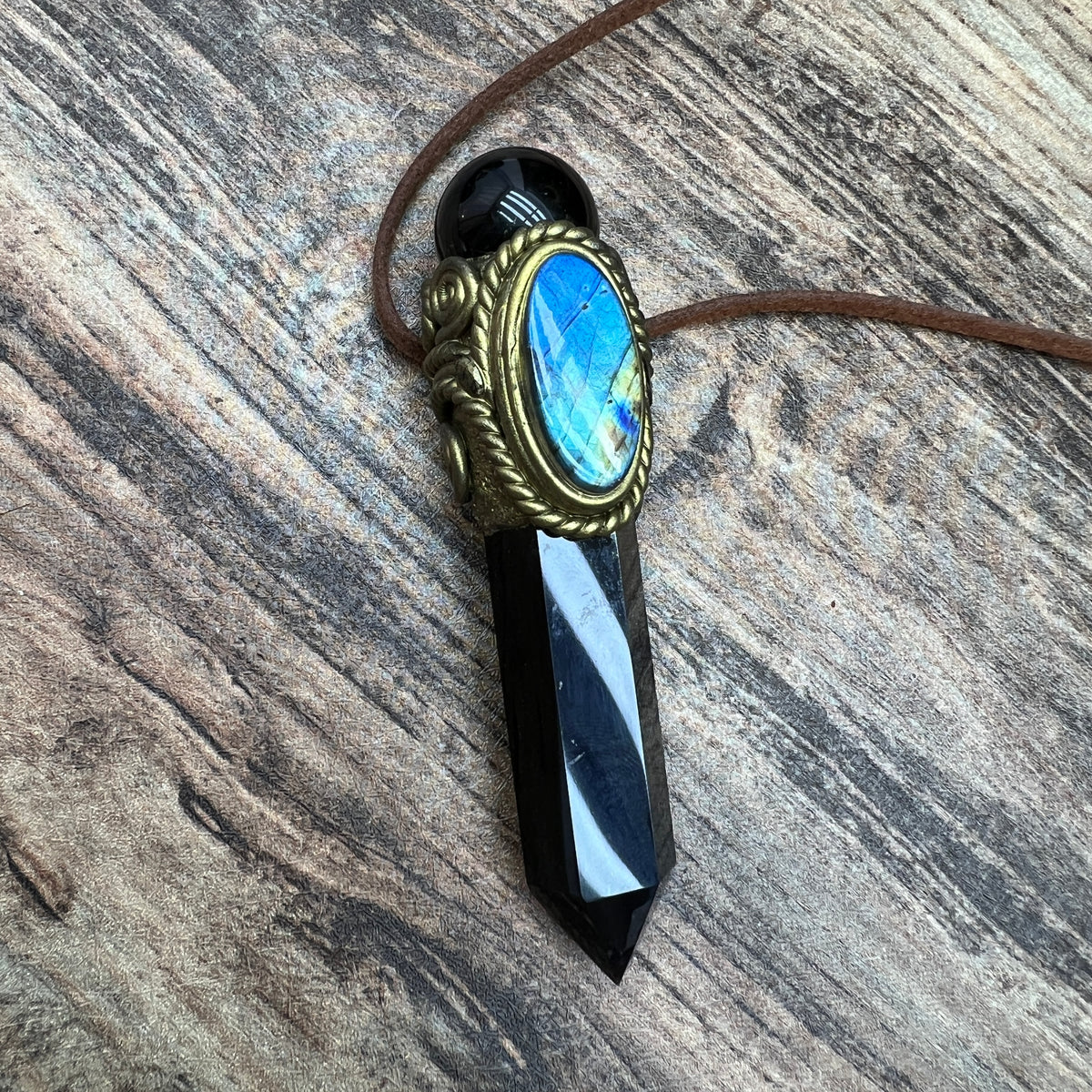 Handmade crystal jewelry Healing Crystal Wand / Protection Amulet Pendant Necklace Black obsidian tower paired with Black obsidian spheres and labradorite