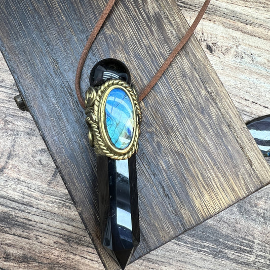 Handmade crystal jewelry Healing Crystal Wand / Protection Amulet Pendant Necklace Black obsidian tower paired with Black obsidian spheres and labradorite