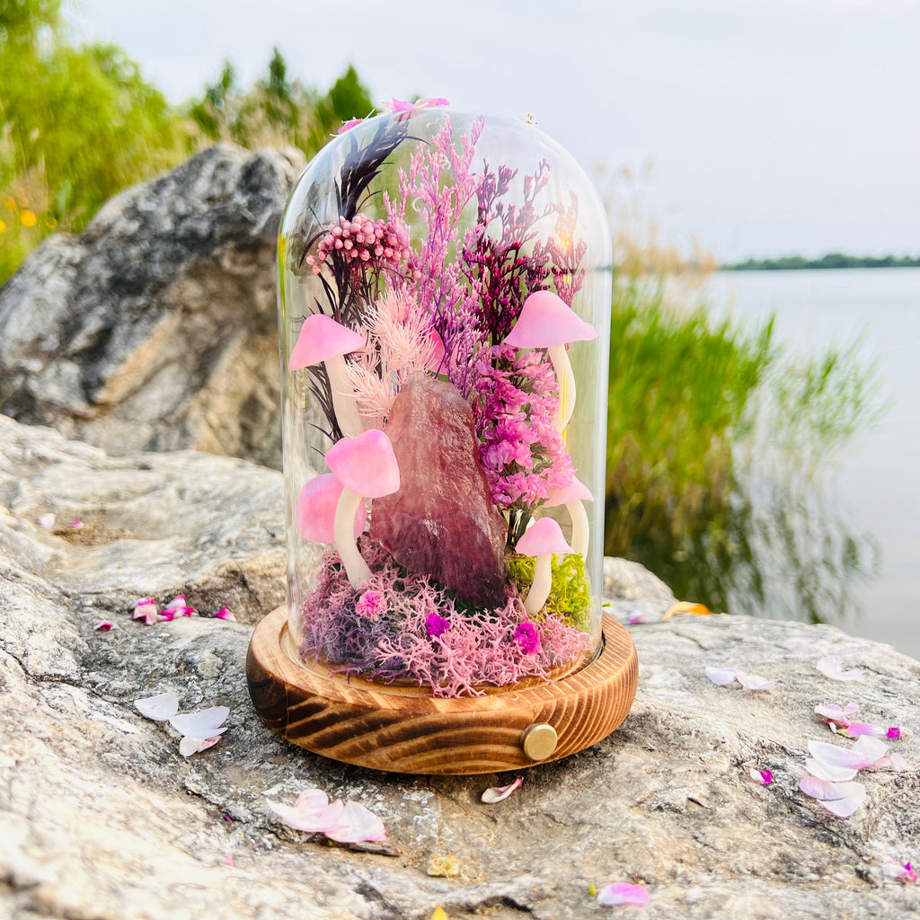 Wisdom's Glow: Natural Fluorite Rough & Enchanted Deep Forest night light | Handmade Crystal Mushroom Lamp