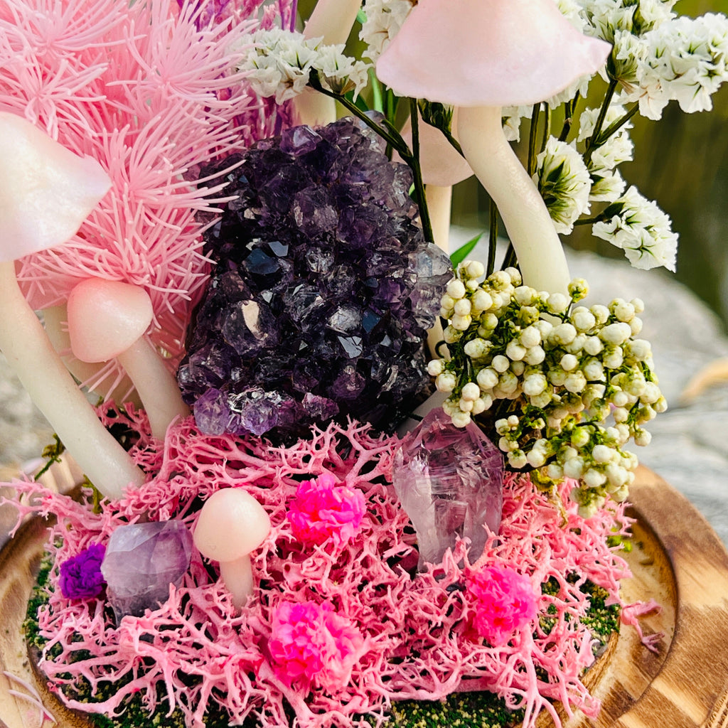 Handmade Amethyst Crystal Mushroom Lamp - Pink Enchanted Forest Night Light - Whimsical Fairy Garden Decor - Unique Gift for Her
