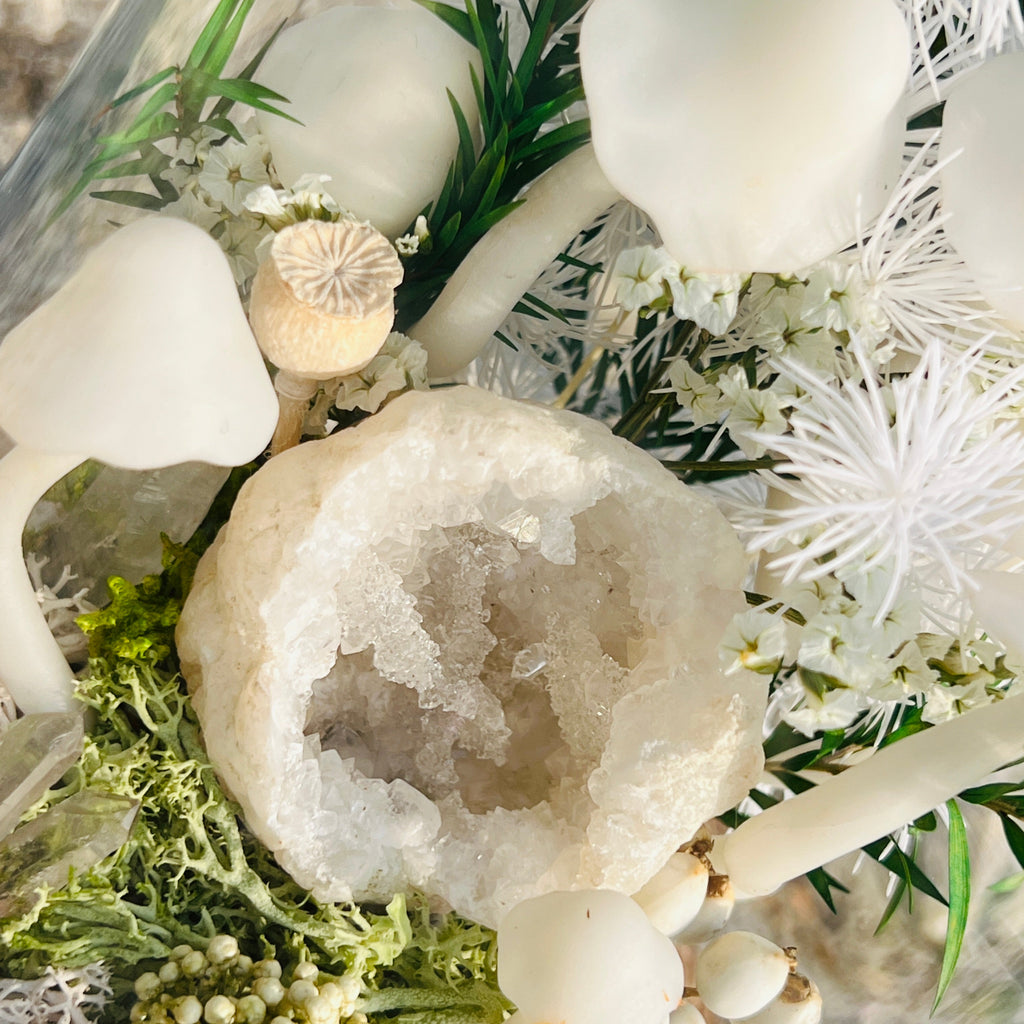 Sacred Hollow: Natural Moroccan Geode & Enchanted Snowy Forest night light | Handmade Crystal Mushroom Lamp