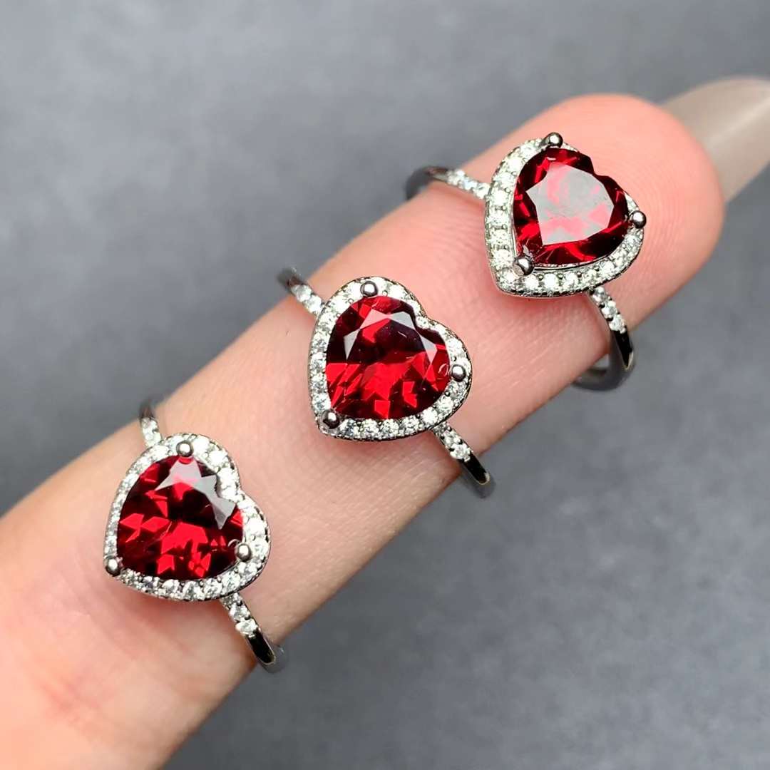 heart-shaped Garnet ring 925 silver ring Adjustable crystal ring