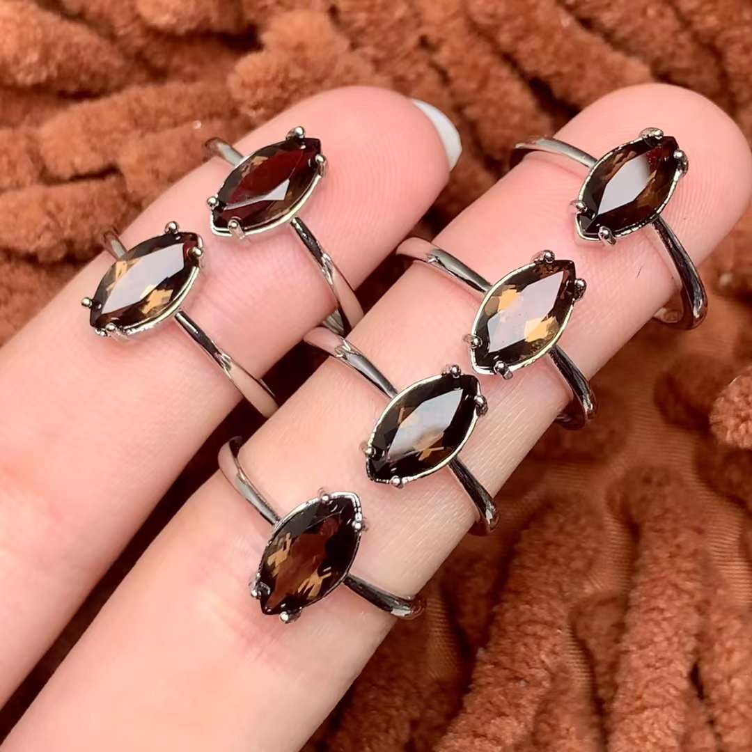 Smoky Quartz almond-shaped ring Copper Adjustable crystal ring