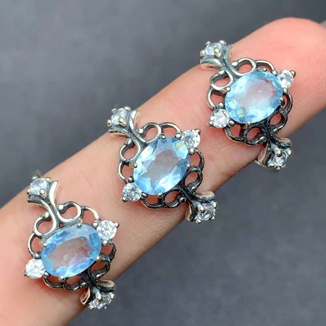 Aquamarine ring 925 silver ring Adjustable crystal ring