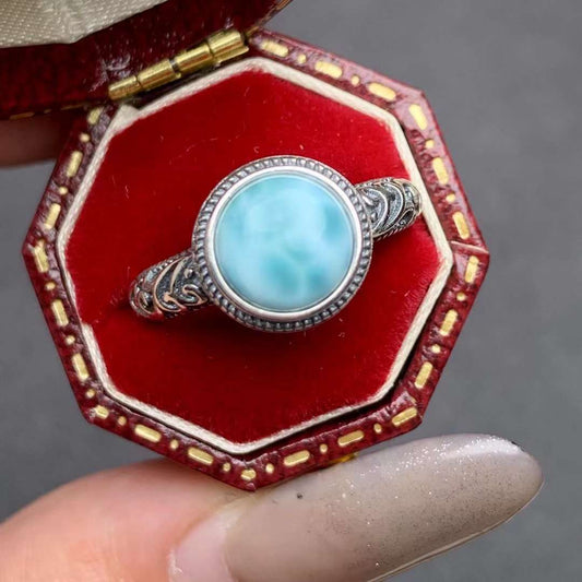 round Larimar ring 925 silver ring Adjustable crystal ring