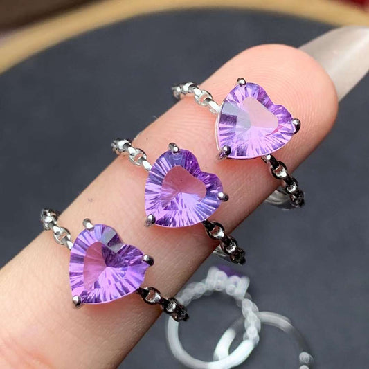 heart-shaped amethyst ring 925 silver ring Adjustable crystal ring