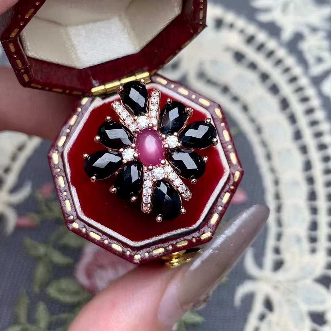 black spinel ruby ring 925 silver ring Adjustable crystal ring