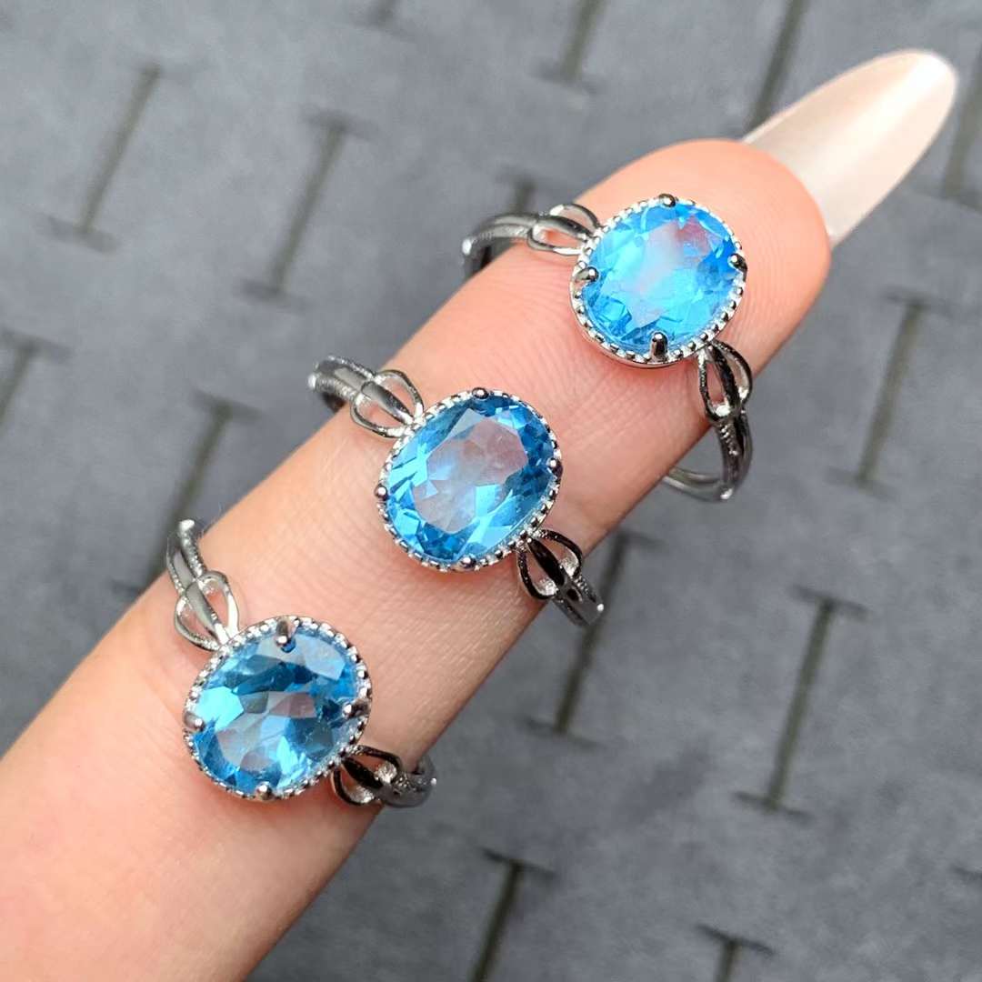 blue topaz ring 925 silver ring Adjustable crystal ring