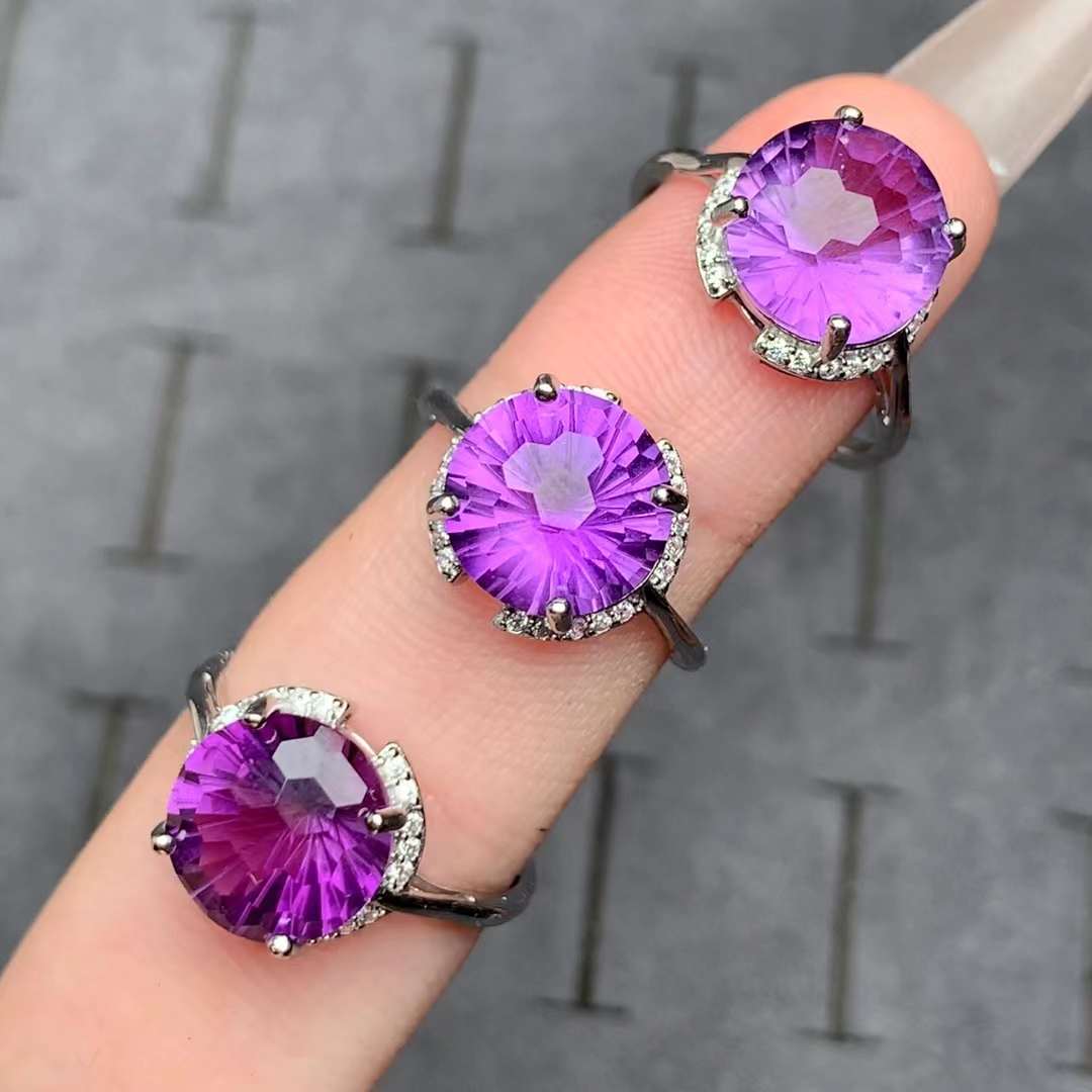 round amethyst ring 925 silver ring Adjustable crystal ring