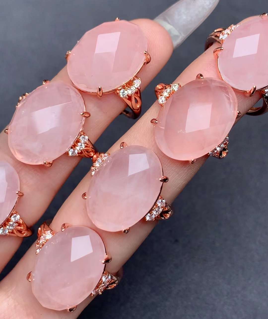 large-grain facet rose quartz ring Copper Adjustable crystal ring