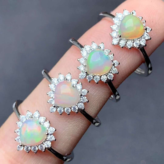 heart-shaped opal ring 925 silver ring Adjustable crystal ring