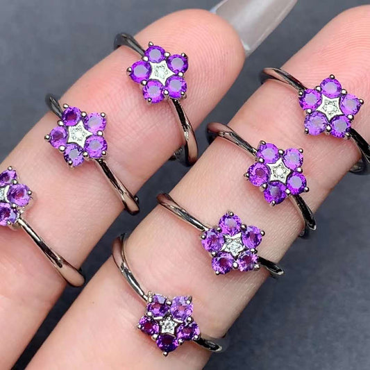 flower-shaped amethyst ring Copper Adjustable crystal ring