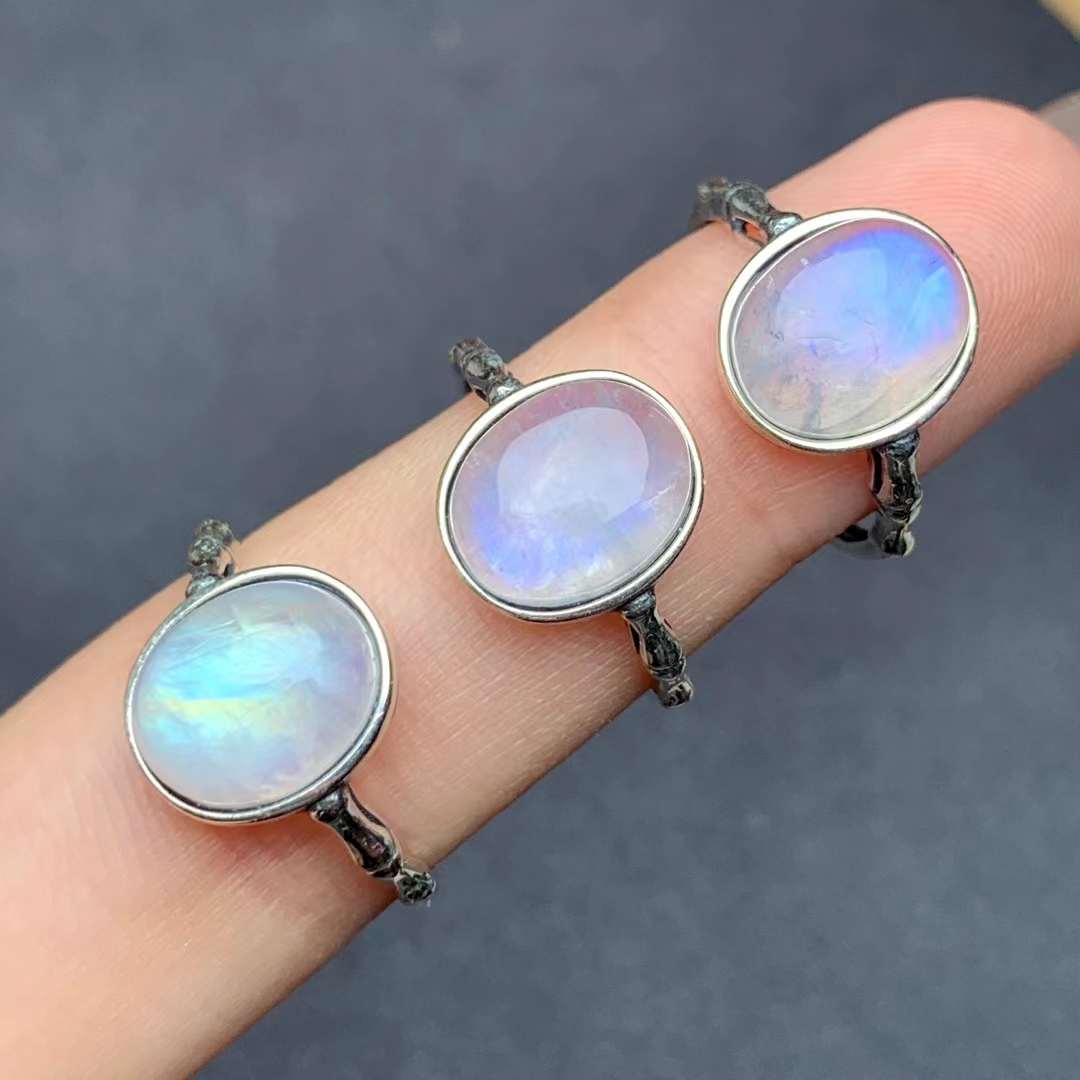 simple style moonstone Ring ring 925 silver ring Adjustable crystal ring