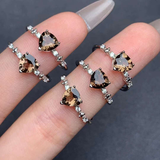 Triangle Smoky Quartz ring 925 silver ring Adjustable crystal ring