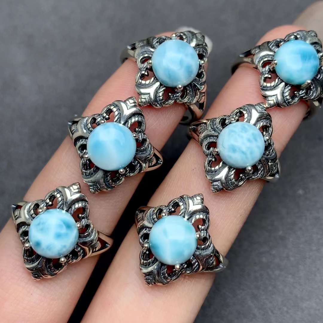 Vintage Larimar ring 925 silver ring Adjustable crystal ring