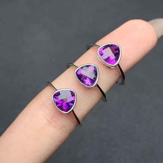 triangle-shaped Amethyst ring 925 silver ring Adjustable crystal ring