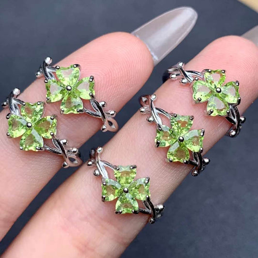 four-leaf clover peridot ring 925 silver ring Adjustable crystal ring