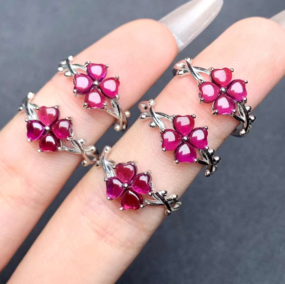 four-leaf clover Garnet ring 925 silver ring Adjustable crystal ring