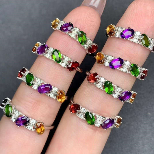 Diopside, Citrine, Garnet, Amethyst ring 925 silver ring Adjustable crystal ring gemstone ring