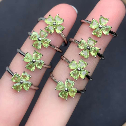 Peridot Four Leaf Clover ring Copper Adjustable crystal ring