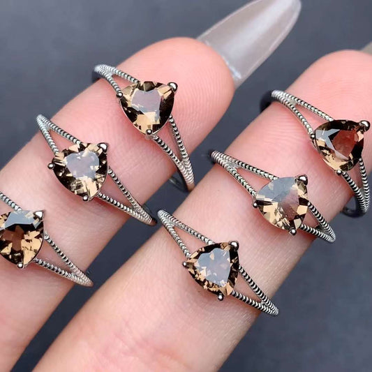 Triangle Smoky Quartz ring 925 silver ring Adjustable crystal ring