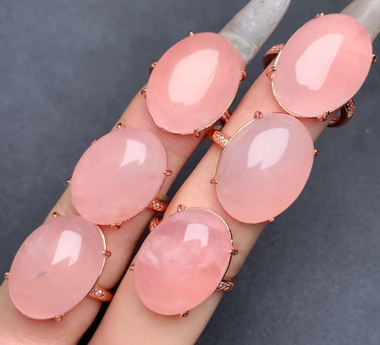 large-grain Rose Quartz ring Copper Adjustable crystal ring