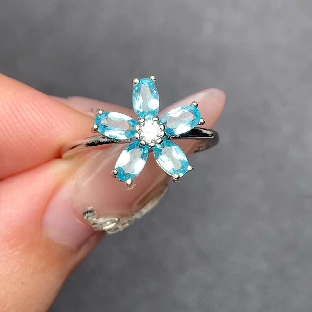 Apatite flower ring 925 silver ring Adjustable crystal ring