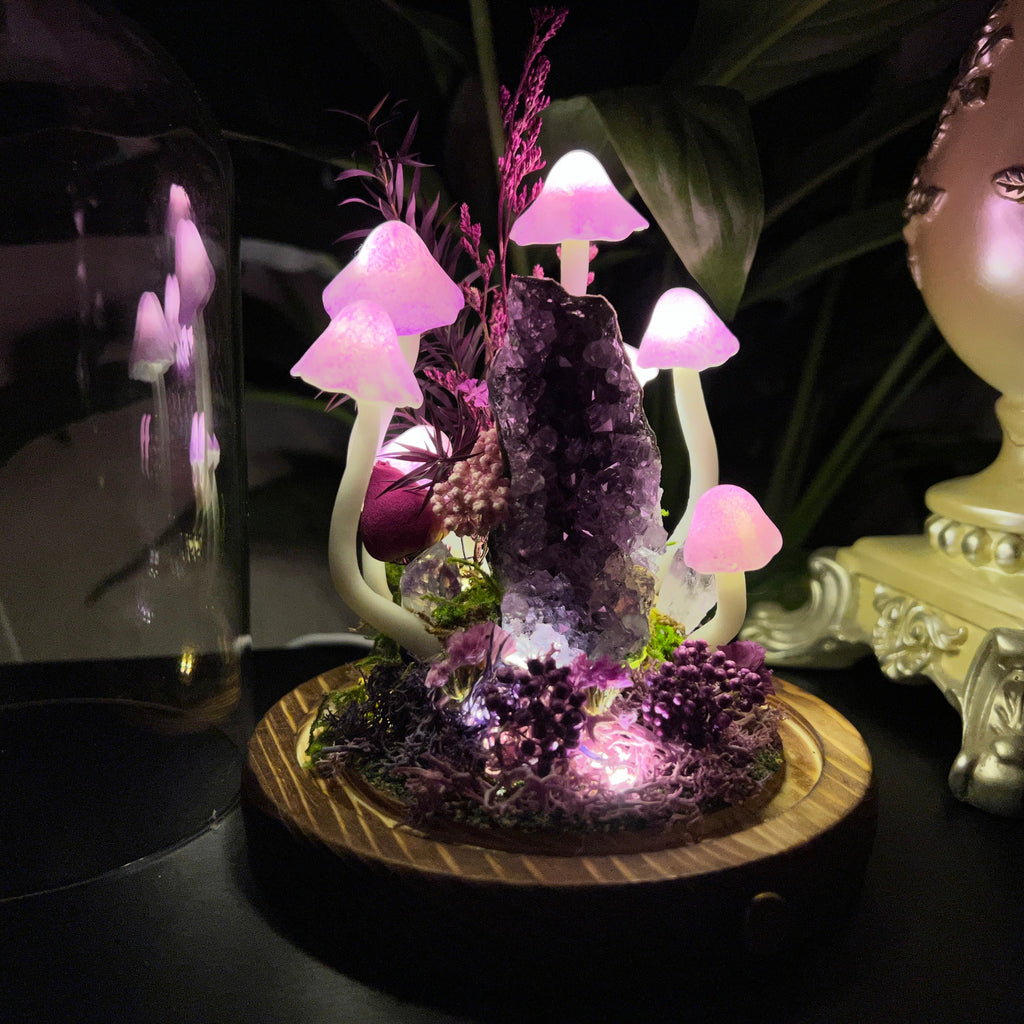 Amethyst Enchanted Forest | Natural Amethyst Cluster Mushroom Night Light, Healing Energy Glass Dome Lamp