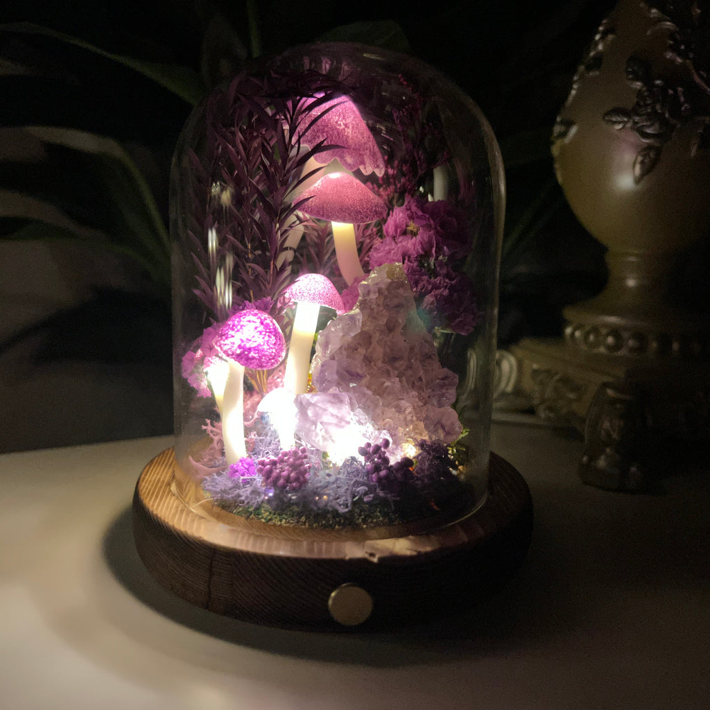 Twilight Serenity: Natural Amethyst Cluster & Eternal Deep Forest Night Light | Handmade Crystal Mushroom Lamp