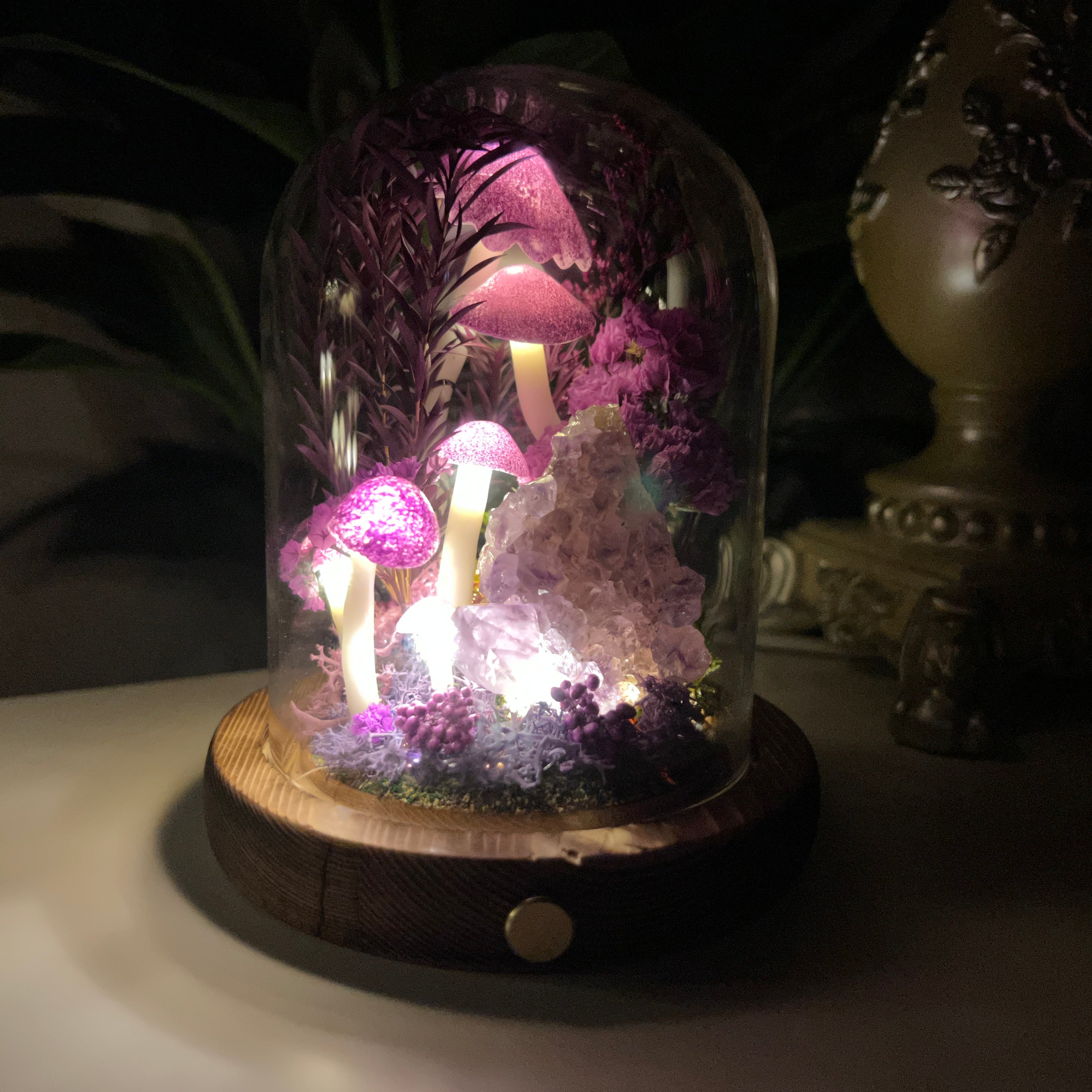 Twilight Serenity: Natural Amethyst Cluster & Eternal Deep Forest Night Light | Handmade Crystal Mushroom Lamp