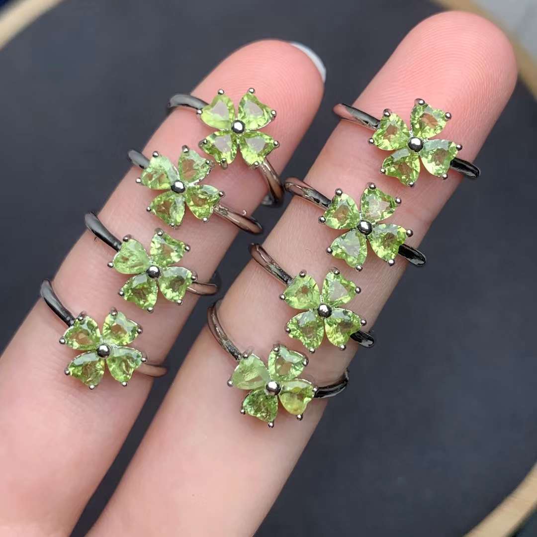 Peridot Four Leaf Clover ring Copper Adjustable crystal ring