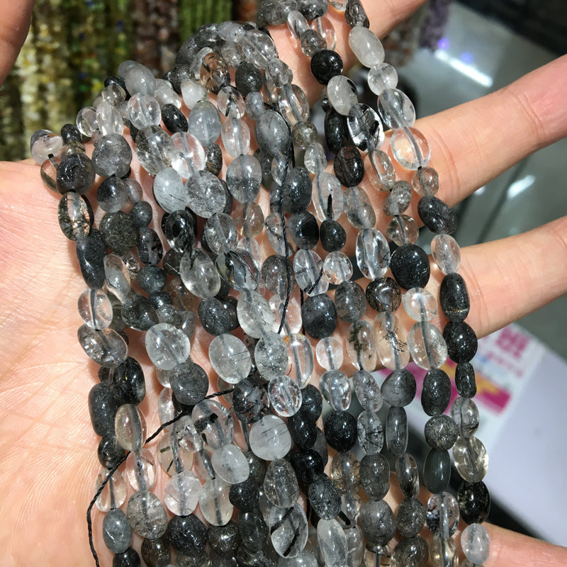 Black Rutilated Quartz Nugget Pebble Beads Gemstone Beads bracelet DIY beads 15''