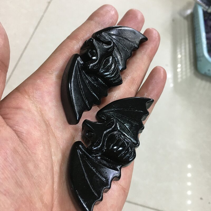 About 8CM Black obsidian bat Carving Halloween crystal carved