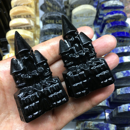 About 7CM black obsidian castle Carving crystal carved