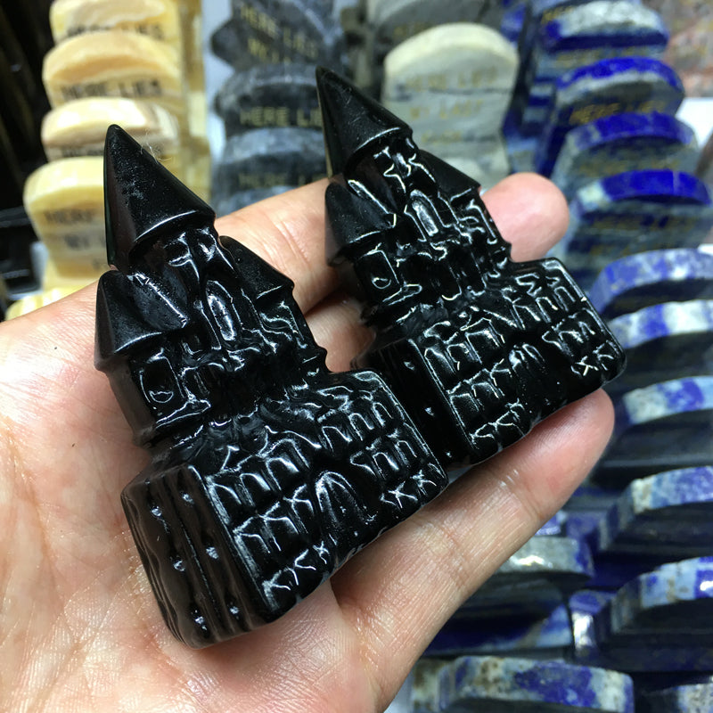 About 7CM black obsidian castle Carving crystal carved