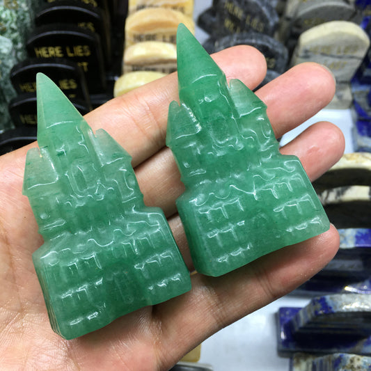 About 7CM green aventurine castle Carving crystal carved