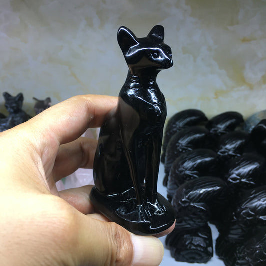 About 10CM Black obsidian egyptian MAU  Carving crystal carved