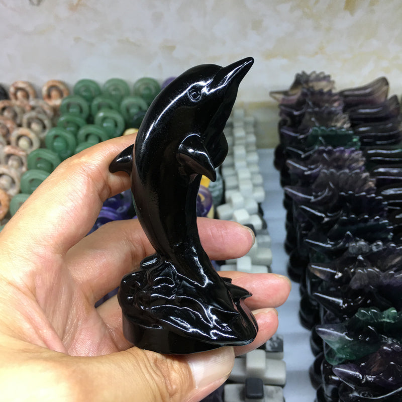 About 9CM Black obsidian Dolphin Carving crystal carved