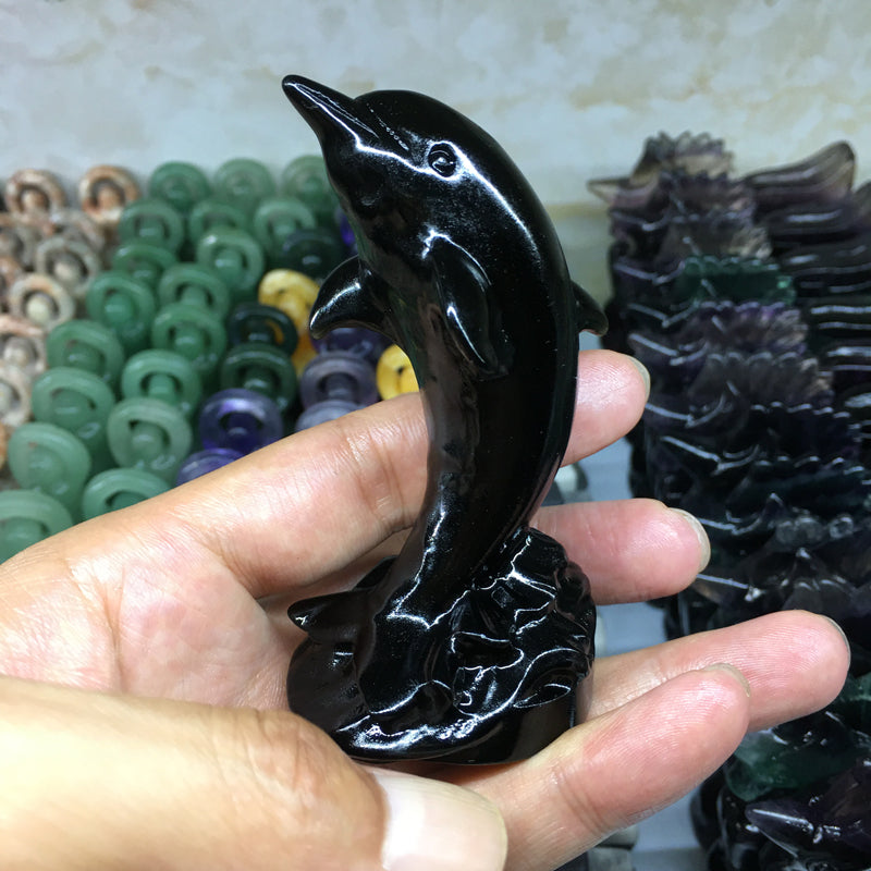 About 9CM Black obsidian Dolphin Carving crystal carved