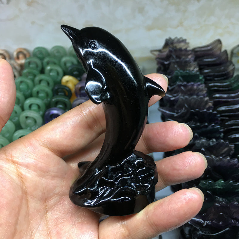 About 9CM Black obsidian Dolphin Carving crystal carved