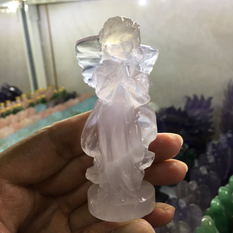 About 9CM rose quartz angel Carving crystal carved