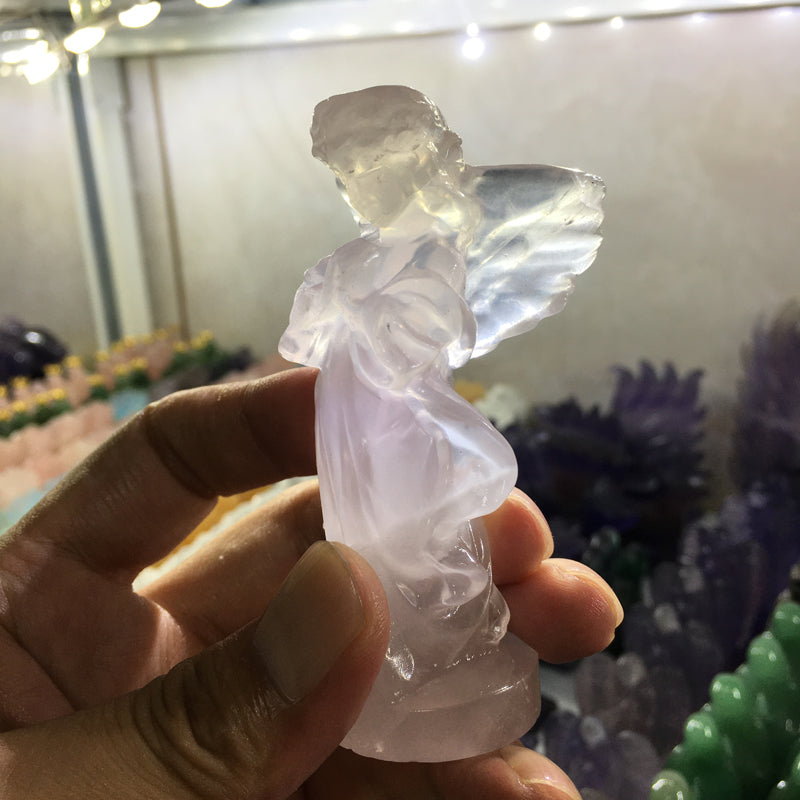 About 9CM rose quartz angel Carving crystal carved