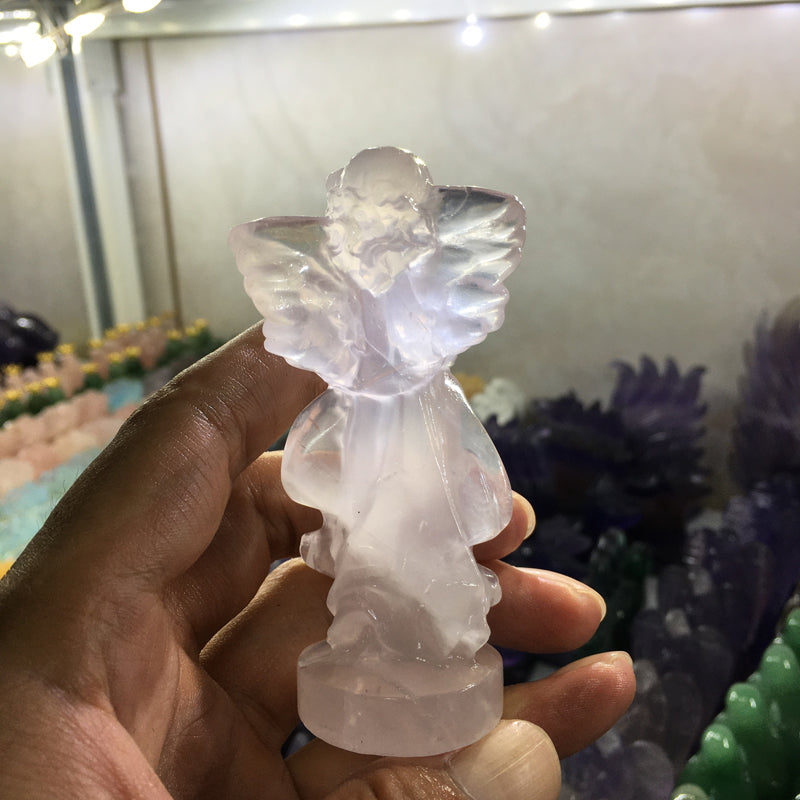 About 9CM rose quartz angel Carving crystal carved