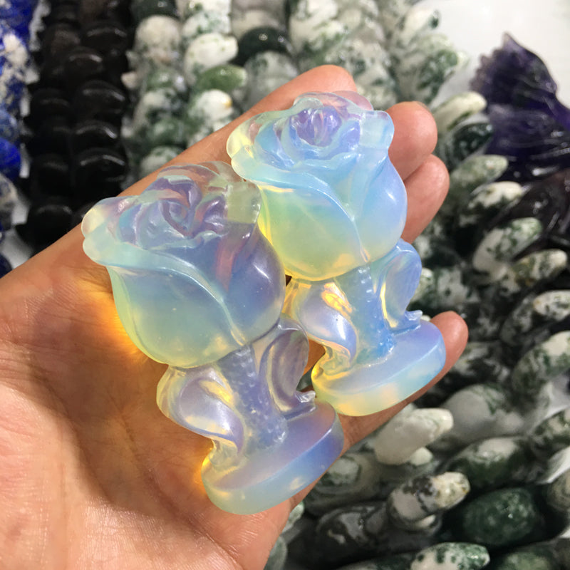 About 7CM White Opalite Rose Flower Carving crystal carved