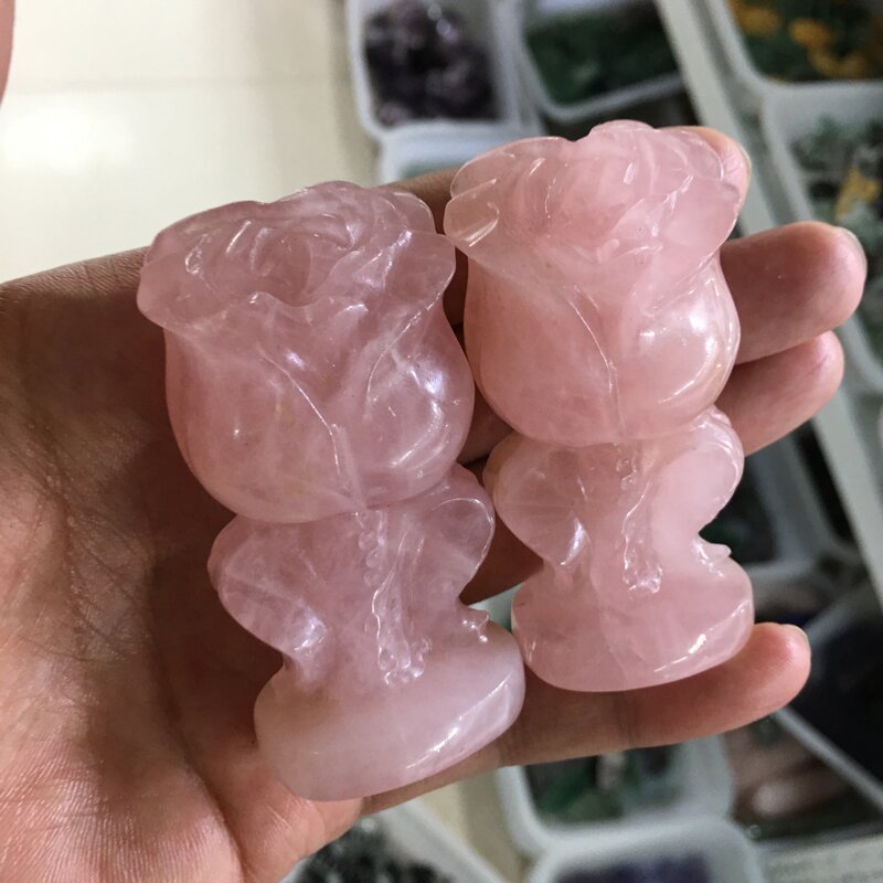 About 7CM Rose Quartz Rose Flower Carving crystal carved